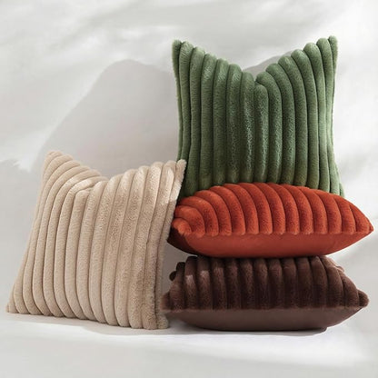 decorUhome Cozy Faux Fur Throw Pillow Covers 16x16 Set of 2 Decorative Soft Plush Striped Modern Farmhouse Boho Couch Pillow Cases with Velvet Back for Sofa Bed Living Room, Khaki Brown