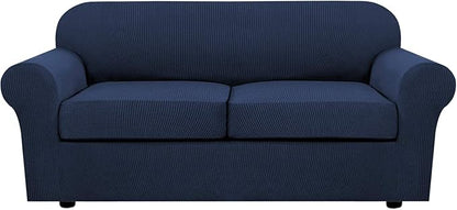 H.VERSAILTEX 3 Piece Stretch Sofa Covers for 2 Cushion Sofa Couch Covers for Living Room Sofa Slipcovers (Base Cover Plus 2 Seat Cushion Covers) Thicker Jacquard Fabric(Large Sofa, Navy)