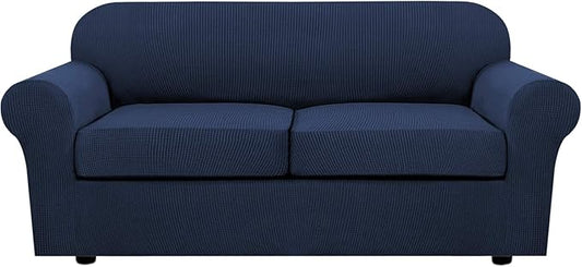 H.VERSAILTEX 3 Piece Stretch Sofa Covers for 2 Cushion Sofa Couch Covers for Living Room Sofa Slipcovers (Base Cover Plus 2 Seat Cushion Covers) Thicker Jacquard Fabric(Large Sofa, Navy)