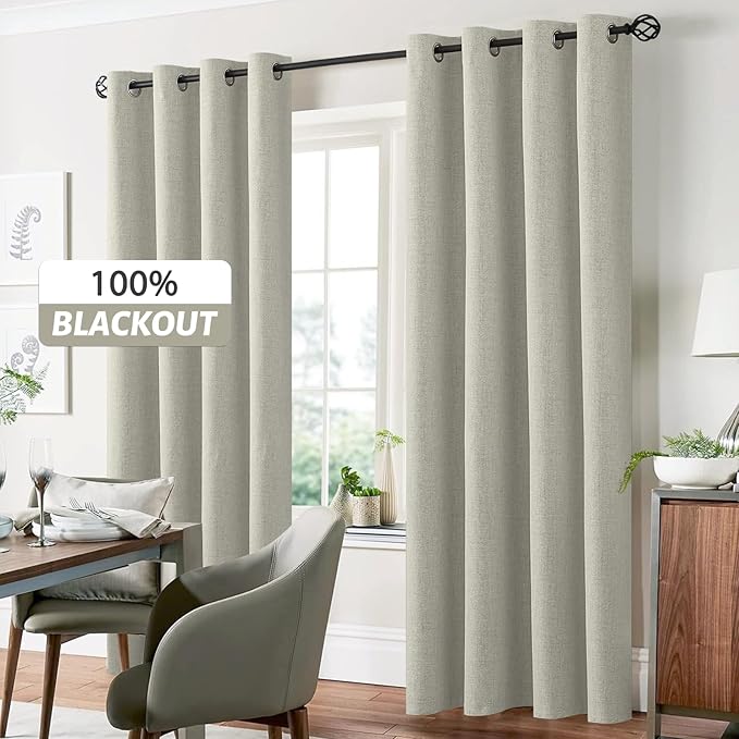 Yakamok Cream Linen Curtains 100% Blackout 63 Inches Long,Room Darkening Textured Curtains for Living Room Thermal Grommet Bedroom Curtain 2 Panels with Greyish White Liner