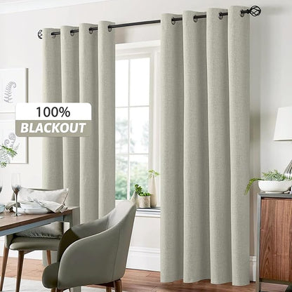 Yakamok Cream Linen Curtains 100% Blackout 63 Inches Long,Room Darkening Textured Curtains for Living Room Thermal Grommet Bedroom Curtain 2 Panels with Greyish White Liner