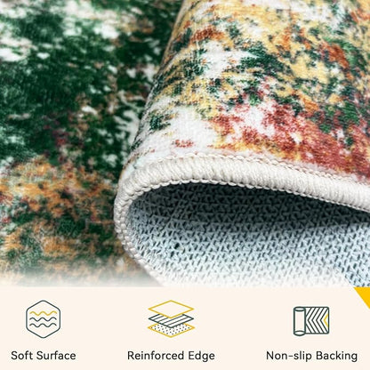 Washable Area Rugs 2'x8' Non-Slip Modern Abstract Soft for Living Room Entryway Bedroom Nursery, Print Pattern, Green Orange Rust Red Cream Colorful