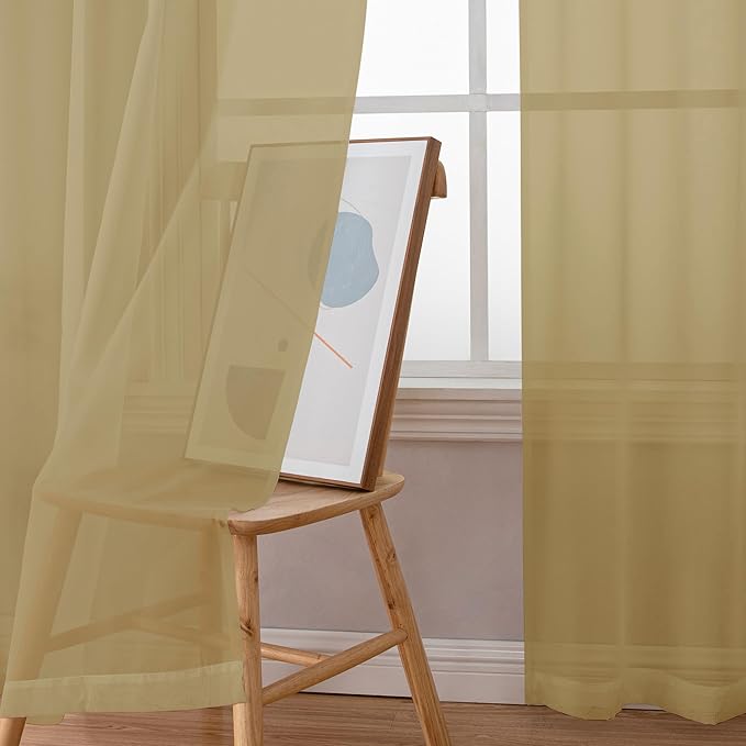 OWENIE Gold Sheer Curtains 84 Inch Length 2 Panels Set, Light Filtering Voile Fimly Sheer Drapes for Living Room/Bedroom, 2pcs, Gold Solid Rod Pocket Sheer Curtains, Each 42" W x 84" L
