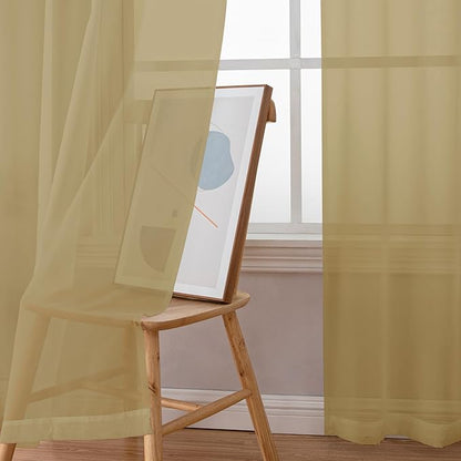 OWENIE Gold Sheer Curtains 84 Inch Length 2 Panels Set, Light Filtering Voile Fimly Sheer Drapes for Living Room/Bedroom, 2pcs, Gold Solid Rod Pocket Sheer Curtains, Each 42" W x 84" L