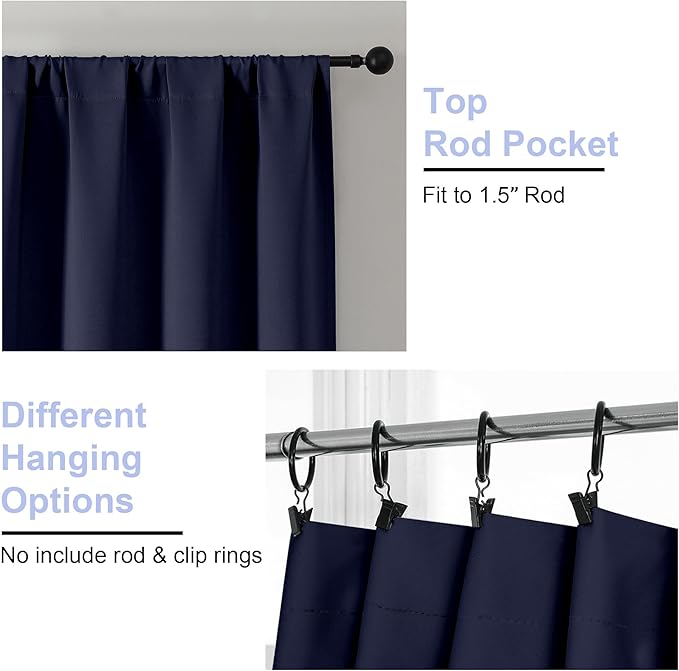 Simplebrand Navy Blue Blackout Curtains for Bedroom 102 Inches Long 2 Panels, Solid Thermal Insulated, Energy Saving Living Room Window Treatment Curtains Blackout Drapes, W50 x L102 Inch, Navy Blue