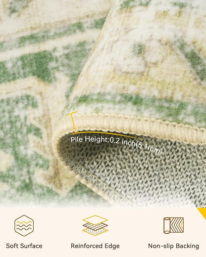 RELEANY Area Rugs 6'x8' Washable Non-Slip, Floral Vintage Distress Print Pattern Medallion Carpet for Living Room Bedroom Dining Room, Sage Green Yellow
