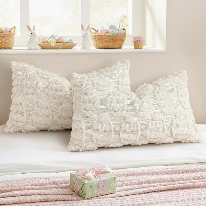 decorUhome Easter Cream White Egg Pillow Covers 12x20 Inch Set of 2, Soft Plush Faux Wool Jacquard Cushion Covers, Farmhouse Neutral Fuzzy Spring Easter Holiday Decor for Couch Sofa Bed