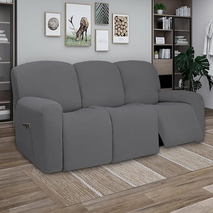 PureFit Super Stretch 3 Seats Recliner Sofa Couch Cover with Pocket – Non Slip Soft Sofa Slipcover, Washable Spandex Reclining Furniture Protector for Kids, Pets (Recliner Sofa, Gray)