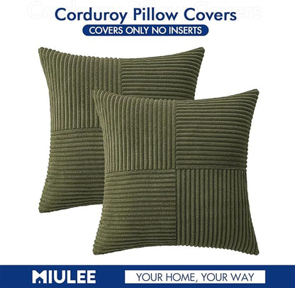 MIULEE Olive Green Decorative Euro Sham Pillow Covers 24x24 Inch for Bed Couch Sofa Spring Decor Pack of 2 Boho Farmhouse Throw Pillows Soft Cross Corduroy Patchwork Textured Cushion Cases
