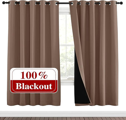 NICETOWN Living Room Completely Shaded Draperies, Privacy Protection & Noise Reducing Ring Top Drapes, Black Lined Insulated Window Treatment Curtain Panels(Cappuccino, 2 Pieces, W70 x L72)