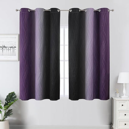 Estelar Textiler Purple and Black Ombre Blackout Curtains 45 Inch Length, Full Room Darkening Gradient Drapes for Kitchen, Thermal Insulated Grommet Curtains for Short Window, 42Wx45L,2 Panels