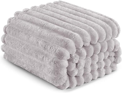 Exclusivo Mezcla Twin Size Flannel Fleece Blanket, Super Soft Striped Jacquard Bed Blanket, Lightweight Fuzzy Cozy for All Seasons, 60x80 Inches, Light Grey