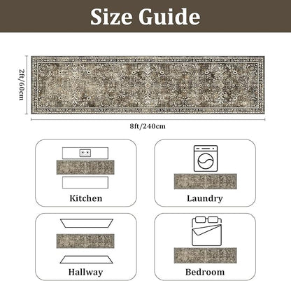 Yamaziot Washable Runner Rug 2x8 – Non Slip Boho Floral Hallway Runner Rug with Rubber Backing, Low Pile Wool Distressed Carpet for Kitchen, Laundry, Bedroom, Entrance, Tan