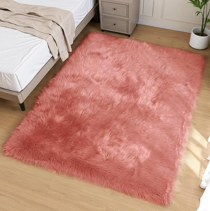 Goolela Pink Area Rug 5x8 Fluffy Fuzzy Furry Carpet for Girls Bedroom Living Room Faux Sheepskin Fur Shaggy Plush Rectangle