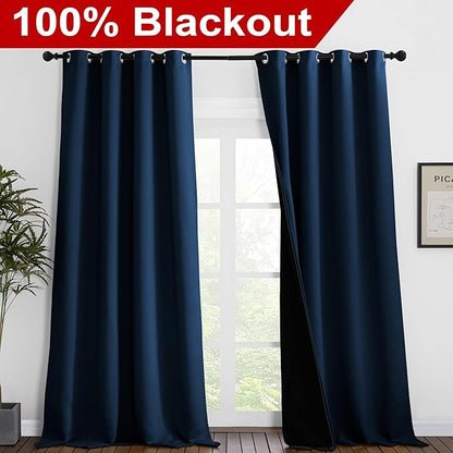 NICETOWN 100% Blackout Blinds, Set of 2, 52 inches x 102 inches, Laundry Room Decor Window Treatment Curtains for Large Patio Sliding Door, Thermal Insulated Moroccan Blue Curtains for Bedroom