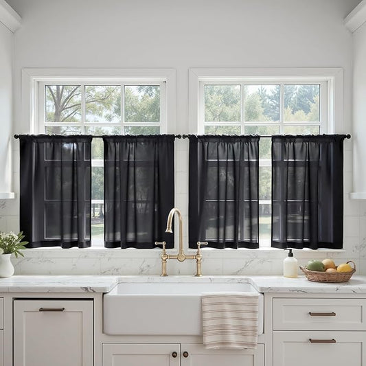 MIULEE Short Curtains 30 Inches Long, 4 Panels Set, Light Filtering Half Window Tier Black Sheer Curtains for Kitchen/Bathroom, 42W x 30 Inches