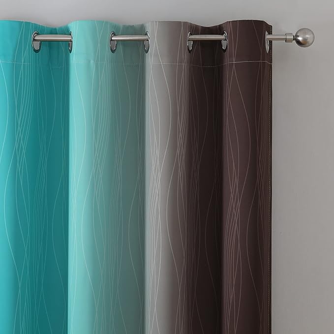 Estelar Textiler Ombre Blackout Curtains 102 Inches Long 2 Panels Set, Brown and Teal Thermal Insulated Drapes for Bedroom, Full Room Darkening Grommet Curtains for Living Room, 52Wx102L