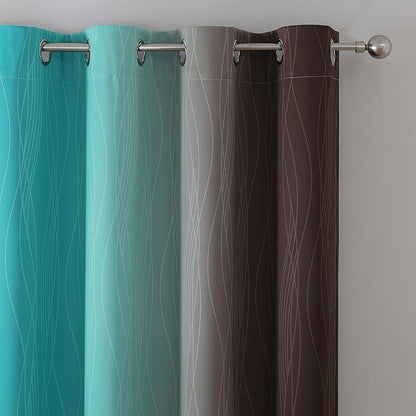 Estelar Textiler Ombre Blackout Curtains 102 Inches Long 2 Panels Set, Brown and Teal Thermal Insulated Drapes for Bedroom, Full Room Darkening Grommet Curtains for Living Room, 52Wx102L