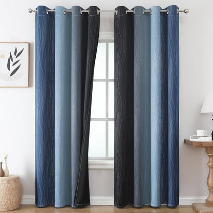 Estelar Textiler Navy Blue and Black Ombre Blackout Curtains 90 Inches Long 2 Panels for Living Room, Thermal Insulated Drapes for Bedroom,Full Room Darkening Grommet Curtains for Sliding Door,52Wx90L