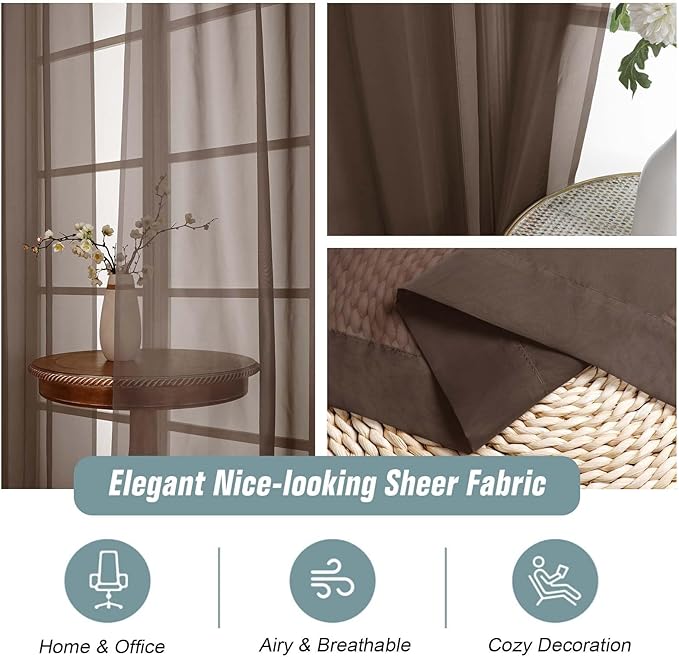 Chocolate Sheer Curtains 84 Inches Long 2 Panels, Elegant Airy Transparent Light Filtering Window Curtains, Window Drapes for Living Room Bedroom, Top Dual Rod Pocket Design, 2x42Wx84L Inches