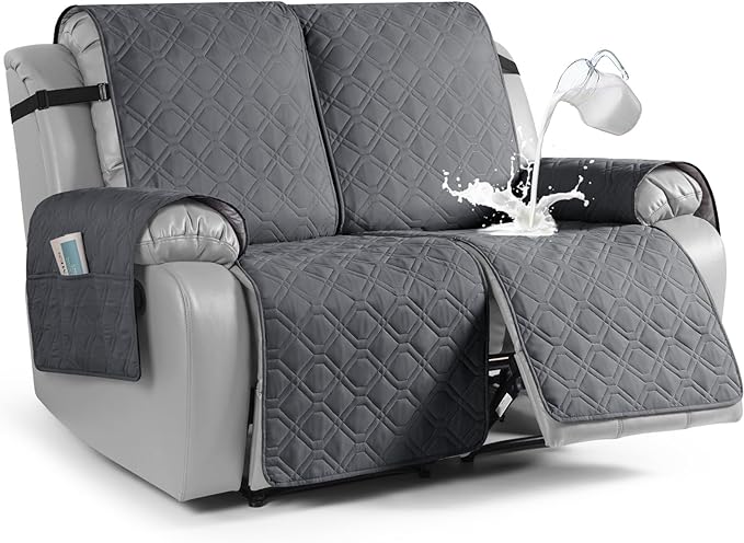 VANSOFY Waterproof Recliner Couch Covers, Sofa Covers 1-Piece Washable Reclining Sofa Cover Non-Slip Furniture Protector with Elastic Straps Pocket for Dogs, Pets(Dark Gray,2 Seater)
