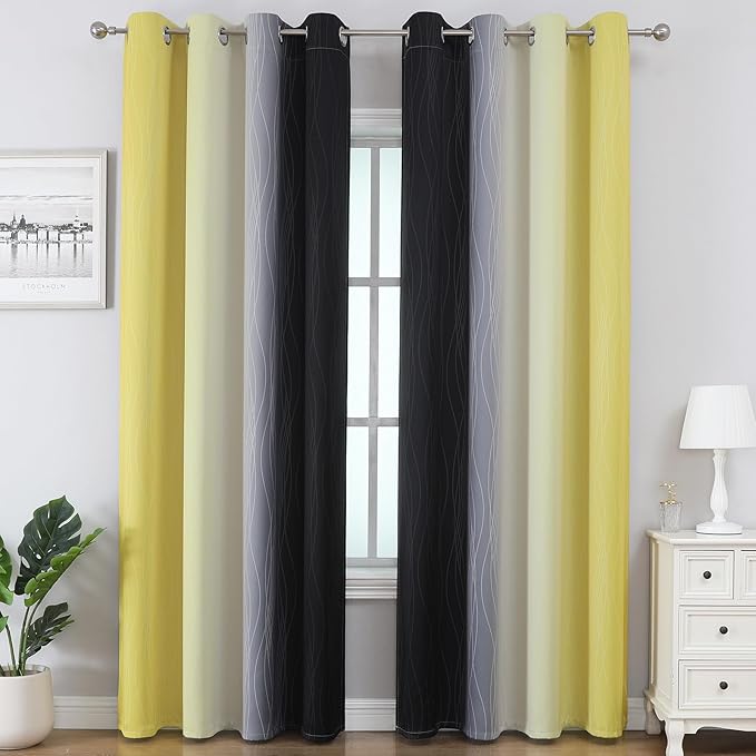 Estelar Textiler Black and Yellow Ombre Blackout Curtains for Bedroom, Thermal Insulated Blackout Drapes, Full Light Blocking Energy Saving Long Curtains for Living Room, 52Wx96L, 2 Panels
