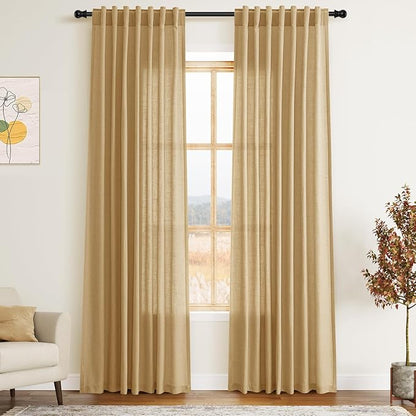 Gold Yellow Linen Curtains 84 Inch Length 2 Panels Set for Living Room Rod Pocket Back Tab Light Filtering Window Drapes for Bedroom Dining Room Protect Privacy Country Farmhouse Decor 52x84