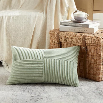 Fancy Homi 2 Packs Sage Green Lumbar Decorative Throw Pillow Covers 16x28 Inch for Living Room Couch Bed, Rustic Farmhouse Boho Home Decor, Soft Striped Corduroy Rectangle Accent Cushion Case 40x70 cm