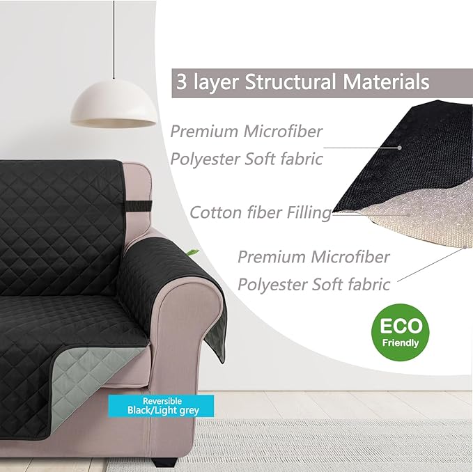 U-NICE HOME 4 Seater Sofa Cover 91 Inch Large Couch Covers for 4 Cushion Couch with Elastic Straps Water Resistant Furniture Protector Cover for Pets Cat (Sofa XX-Large, Black/Grey)