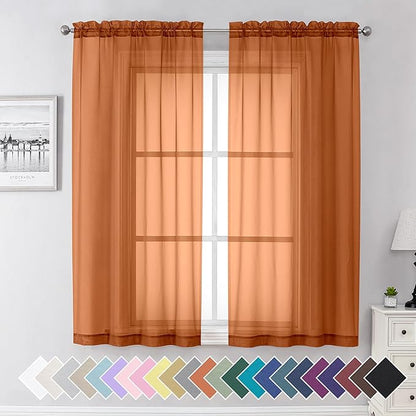 Aiyufeng Orange Sheer Curtains 63 Inch Length 2 Panels Set, Light Filtering Airy Rod Pocket Orange Window Curtain Treatment Drapes for Kitchen Bedroom Living, Each 40Wx63L Inches