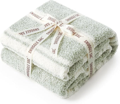 Snuggle Sac Heather Throw Blanket for Couch, Reversible Super Soft Blankets Warm Cozy Knit Fuzzy Plush Lightweight for Sofa, Bed, Camping, Picnic (Stripe Green, Throw(50"x 60"))
