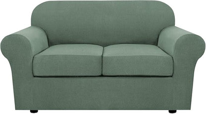 H.VERSAILTEX 3 Piece Stretch Sofa Covers for 2 Cushion Loveseat Couch Covers for Living Room Sofa Slipcovers (Base Cover Plus 2 Seat Cushion Covers) Thicker Jacquard Fabric(Medium, Loden Frost)