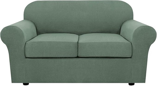 H.VERSAILTEX 3 Piece Stretch Sofa Covers for 2 Cushion Loveseat Couch Covers for Living Room Sofa Slipcovers (Base Cover Plus 2 Seat Cushion Covers) Thicker Jacquard Fabric(Medium, Loden Frost)