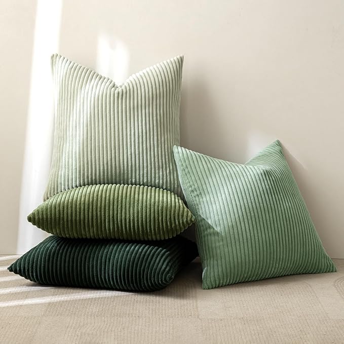 MIULEE Boho Farmhouse Sage Green Throw Pillow Covers 24x24 Inch Set of 4 Mordern Nordic Cushion Covers Soft Corduroy Spring Home Decor for Couch Bed Sofa Living Room Forest Green