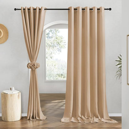 NICETOWN Flax Camel Linen Curtains for Room Divider, Grommet Top Thick Flax Semi Sheer Vertical Drapes Privacy Assured with Light Filtering for Sliding Glass Door, W68 x L84, 2 Pieces