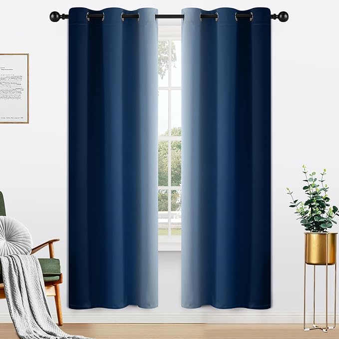 Yakamok Blue and Greyish White Ombre Curtains, Room Darkening Gradient Color Curtains for Bedroom, Light Blocking Thermal Insulated Window Drapes for Living Room(2 Panels, 42x72 Inch)