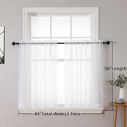 Chyhomenyc White Sheer Curtains 36 inch Length 2 Panels Set, Light Filtering Voile Rod Pocket Short Window Curtians for Bathroom Living Room Farmhouse Small Windows, Each 42Wx36L in, 2PCS, White