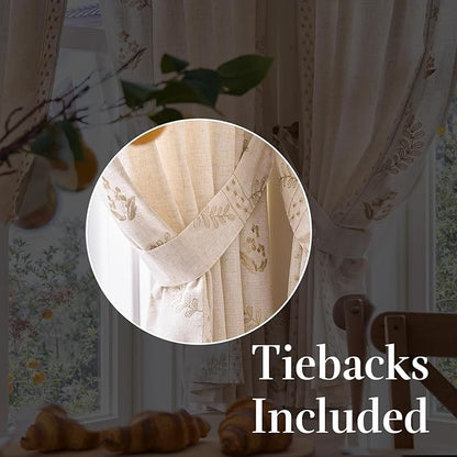 jinchan Belrose Linen Floral Cafe Curtains 54 Inch Length Embroidered Farmhouse Curtains for Kitchen Bedroom Bathroom Small Windows Curtain Set Light Filtering 2 Panels Beige