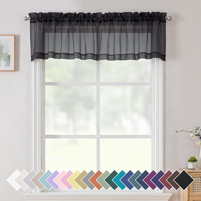 Aiyufeng 2 Panels Black Sheer Valance 14 Inch Length, Short Black Sheer Curtains for Bedroom, 14 Inches Kitchen Curtains for Small Window, Dual Rod Pocket (40 by 14 Inches Long)