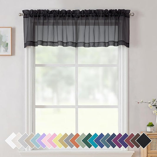 Aiyufeng 2 Panels Black Sheer Valance 14 Inch Length, Short Black Sheer Curtains for Bedroom, 14 Inches Kitchen Curtains for Small Window, Dual Rod Pocket (40 by 14 Inches Long)