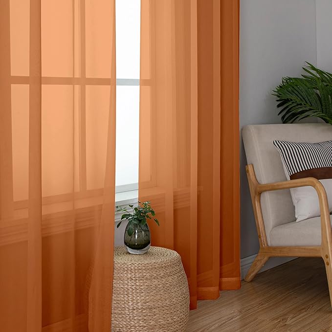 Aiyufeng Orange Sheer Curtains 63 Inch Length 2 Panels Set, Light Filtering Airy Rod Pocket Orange Window Curtain Treatment Drapes for Kitchen Bedroom Living, Each 40Wx63L Inches