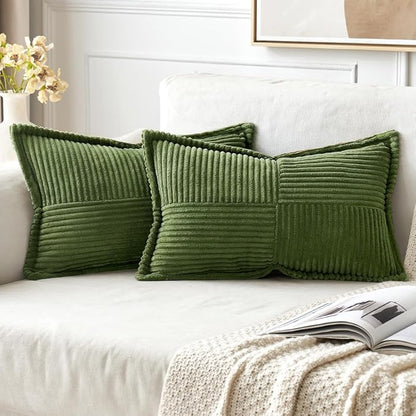 MIULEE Spring Decorative Lumbar Throw Pillow Covers for Couch Bed Livingroom 12x20 Inch Set of 2 Moss Green Boho Accent Throw Pllows Broadside Striped Patchwork Soft Corduroy Summer Pillowcases