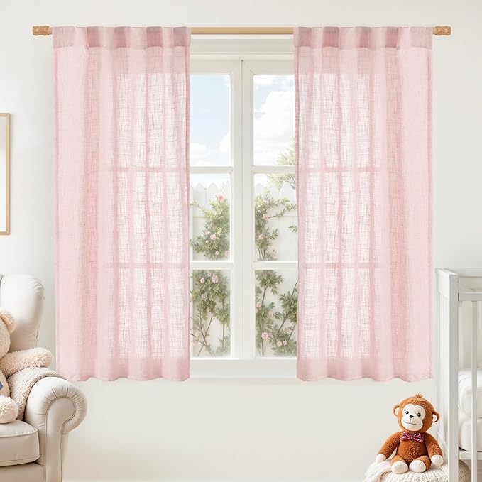 LAMIT Linen Curtains 48 Inch Length 2 Panels, Light Filtering Panels Back Tab and Rod Pocket Neutral Drapes for Kitchen/Window/Kids Room/Bedroom, 34 x 48 Inch Pink