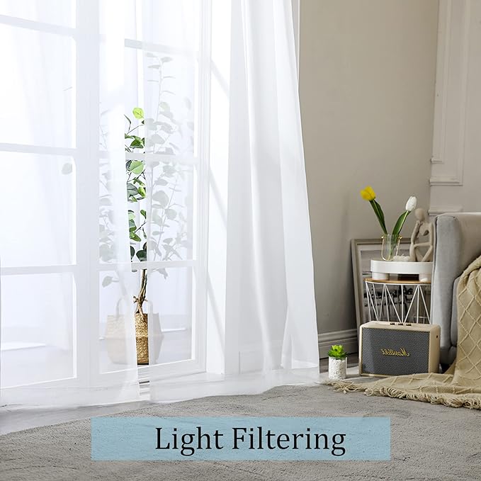 OWENIE Sheer Curtain, 120 Inches Long, White, Rod Pocket, Polyester, 2 Panels, for Living Room and Bedroom