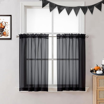 OVZME Black Sheer Curtains 36 inches Long, Short Kitchen Window Treatment Solid Sheers Cafe Curtains Tiers Voile Half Window Curtains 2 Panels for Kitchen Room Laundry, Rod Pocket, 42" Wx36 L