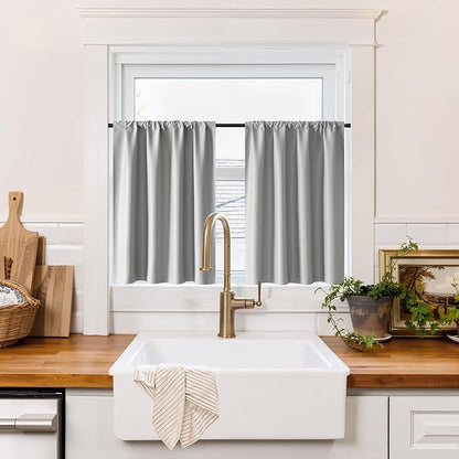 RYB HOME 100% Blackout Bathroom Curtains Over Sink 24 inches Long, Heat & UV Blocking Total Room Darkening Noise Reducing Curtains for Basement RV Campers, Sliver Grey, 2 Panels Set