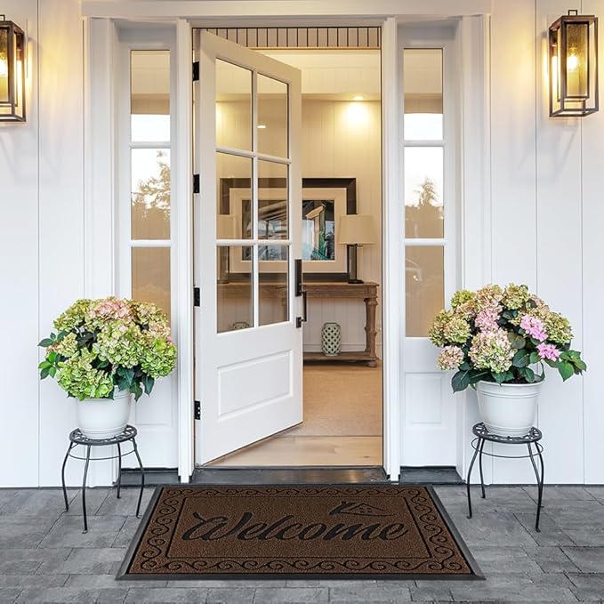Yimobra Welcome Mat, Heavy Duty Sturdy Door Mats for Home Entrance Outdoor Indoor, Front Doormat for Outside Patio Floor Entry Porch Garage Office, Waterproof, Low Profile, 36x24, Coffee