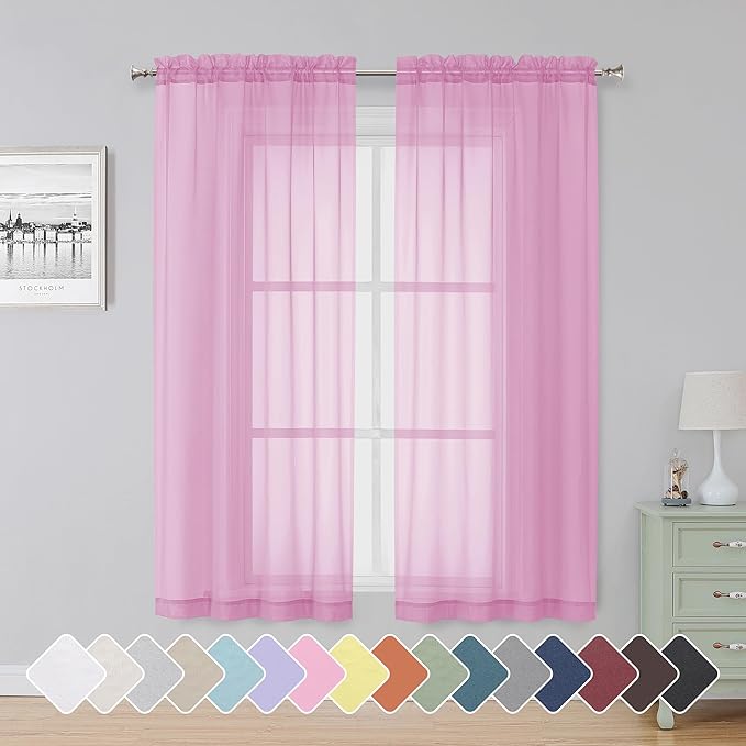 Simplebrand Pink Sheer Curtains 63 Inch Length 2 Panels, Rod Pocket Solid Color Window Sheer Curtain Panels, Elegant Curtains & Drapes for Living Room, Bedroom 2 Panels (42" W x 63" L)