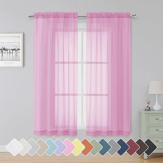 Simplebrand Pink Sheer Curtains 63 Inch Length 2 Panels, Rod Pocket Solid Color Window Sheer Curtain Panels, Elegant Curtains & Drapes for Living Room, Bedroom 2 Panels (42" W x 63" L)