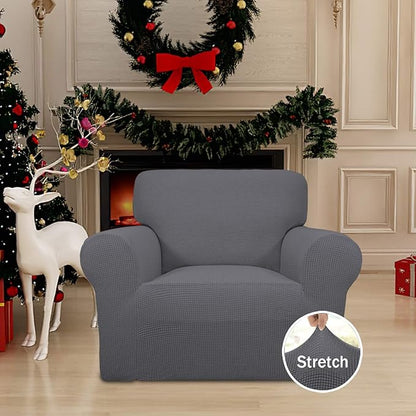 Easy-Going Stretch Chair Sofa Slipcover 1-Piece Couch Sofa Cover Furniture Protector Soft with Elastic Bottom for Kids, Pet. Spandex Jacquard Fabric Small Checks (Chair, Gray)